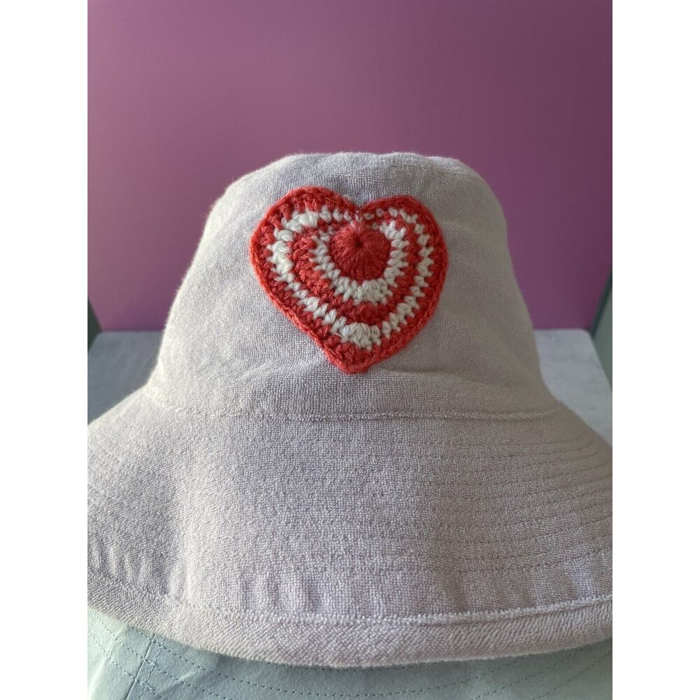 Kerri Rosenthal Terry Cloth Sunny Daze Bucket Hat lavender crochet heart